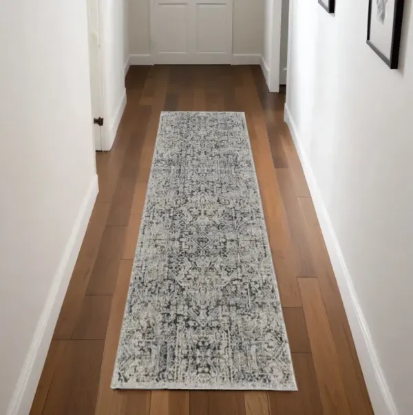 8' Abstract Power Loom Worn Faded Runner Rug With Fringe - Ivory And Gray