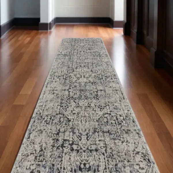 12' Abstract Power Loom Worn Faded Runner Rug With Fringe - Ivory And Gray