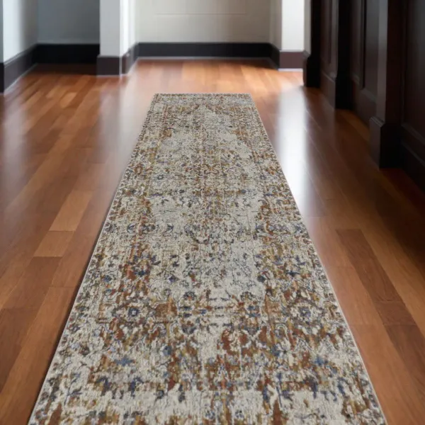 12' Oriental Power Loom Worn Faded Runner Rug With Fringe - Tan Blue And Brown