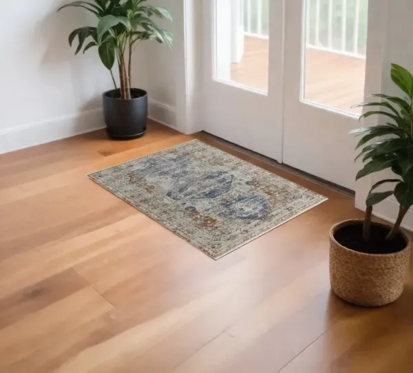 3' x 5' Oriental Power Loom Worn Faded Area Rug With Fringe - Gray Blue And Orange