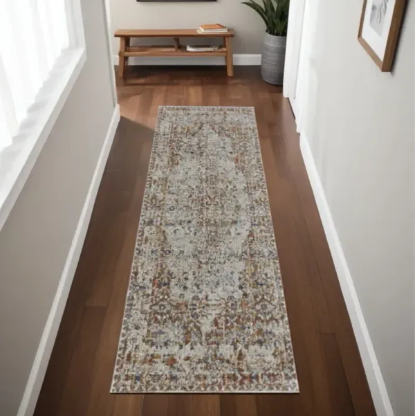 8' Oriental Power Loom Worn Faded Runner Rug With Fringe - Tan Blue And Brown