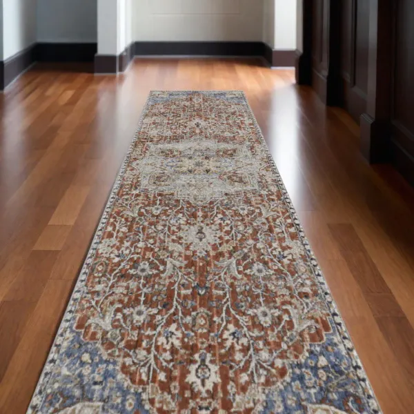 12' Oriental Power Loom Runner Rug With Fringe - Ivory Blue And Orange