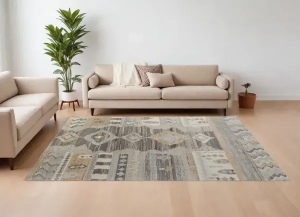 8' x 10' Wool Moroccan Hand Knotted Area Rug - Ivory Gray And Orange