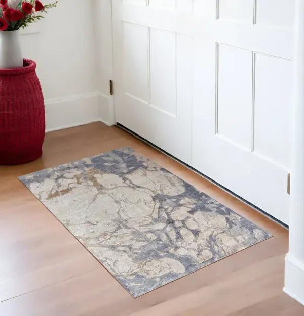 3' x 5' Abstract Power Loom Worn Faded Area Rug - Tan And Blue