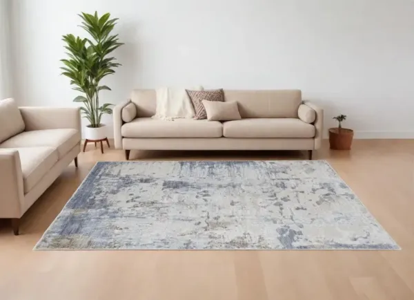 8' x 10' Abstract Power Loom Worn Faded Area Rug - Ivory Gray And Blue