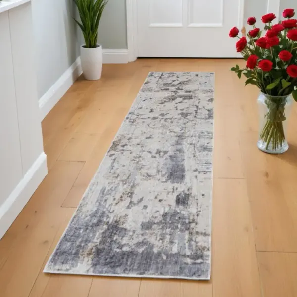8' Abstract Power Loom Worn Faded Runner Rug - Ivory Gray And Blue