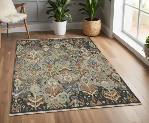 3.5' x 5.5' Wool Ikat Hand Knotted Area Rug With Fringe - Blue Gray And Brown