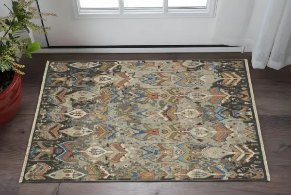 2' x 3' Wool Ikat Hand Knotted Area Rug With Fringe - Blue Gray And Brown