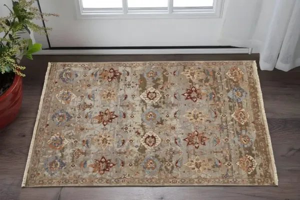 2' x 3' Wool Floral Hand Knotted Area Rug With Fringe - Tan Brown And Gray