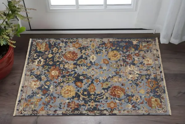 2' x 3' Wool Floral Hand Knotted Area Rug With Fringe - Blue Gray And Red