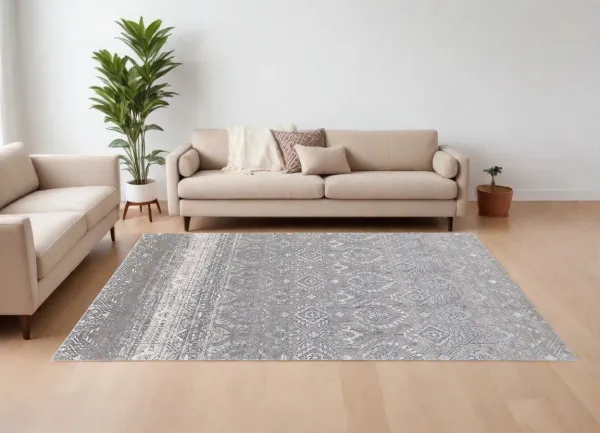 8' x 10' Abstract Power Loom Worn Faded Area Rug - Black And Silver