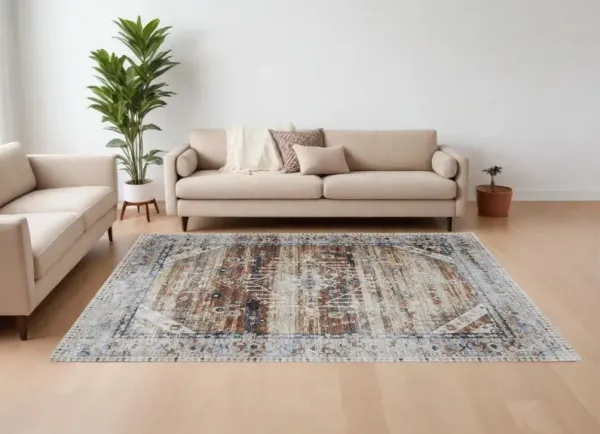 8' x 10' Abstract Power Loom Worn Faded Area Rug - Ivory Red And Blue