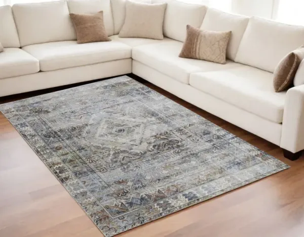 5' x 8' Abstract Power Loom Worn Faded Area Rug - Gray Blue And Red