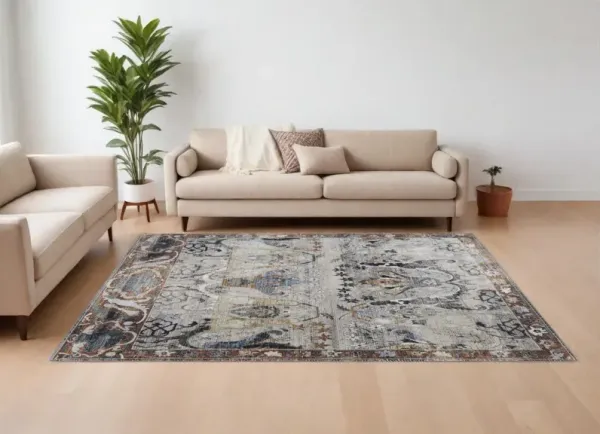 7' x 10' Ikat Power Loom Area Rug - Gray Black And Red