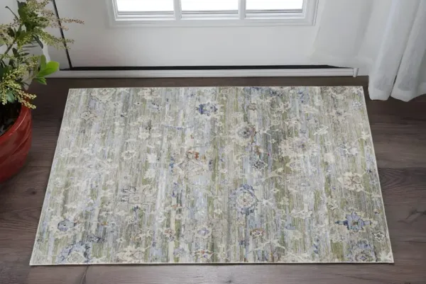 2' x 3' Floral Power Loom Worn Faded Area Rug - Ivory Green And Blue