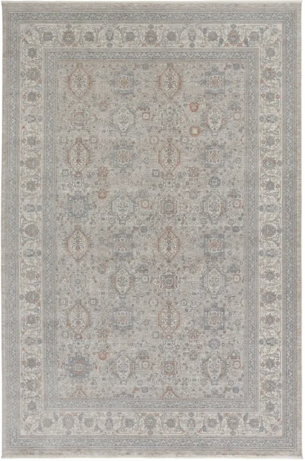 7' x 10' Oriental Power Loom Worn Faded Area Rug With Fringe - Silver Taupe And Blue