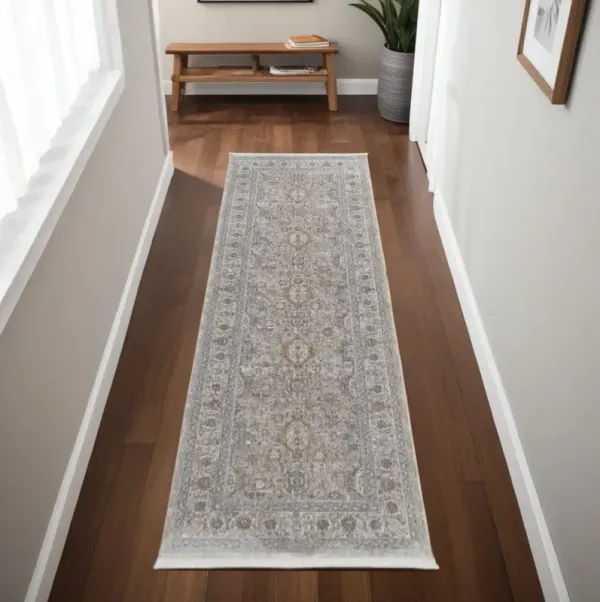 8' Oriental Power Loom Worn Faded Runner Rug With Fringe - Silver Taupe And Blue