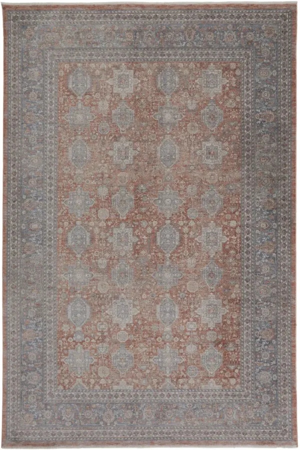 8' x 10' Oriental Power Loom Worn Faded Area Rug With Fringe - Blue And Red