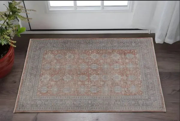 2' x 3' Oriental Power Loom Worn Faded Area Rug With Fringe - Blue And Red