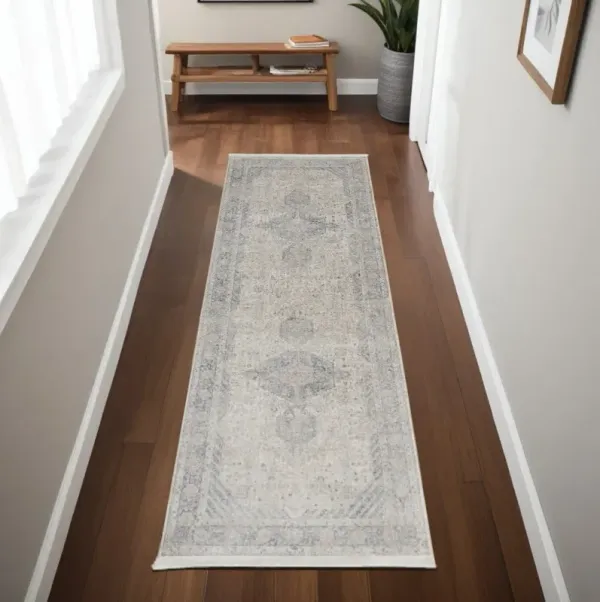 8' Oriental Power Loom Worn Faded Runner Rug With Fringe - Gray Blue And Taupe
