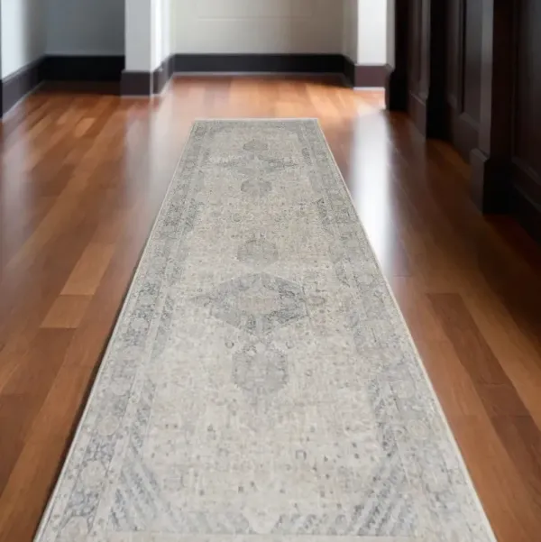12' Oriental Power Loom Worn Faded Runner Rug With Fringe - Gray Blue And Taupe