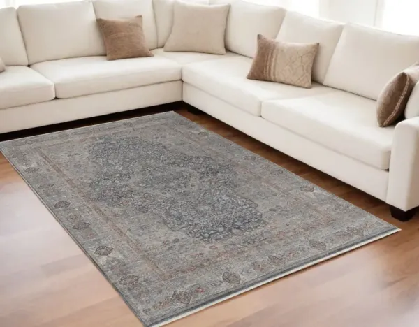 5' x 7' Oriental Power Loom Worn Faded Area Rug With Fringe - Gray Blue And Red