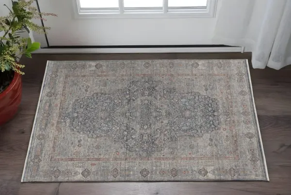 2' x 3' Oriental Power Loom Worn Faded Area Rug With Fringe - Gray Blue And Red