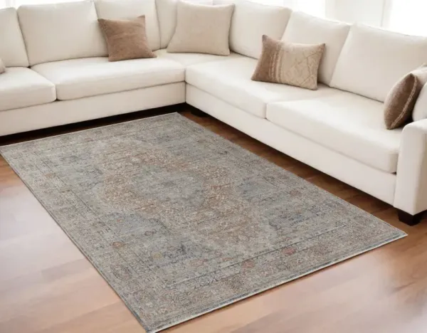 5' x 7' Oriental Power Loom Worn Faded Area Rug With Fringe - Gray Ivory And Orange