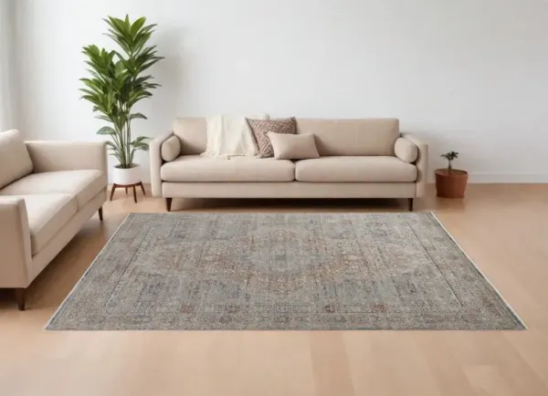 7' x 10' Oriental Power Loom Worn Faded Area Rug With Fringe - Gray Ivory And Orange