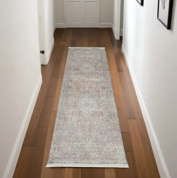 8' Oriental Power Loom Worn Faded Runner Rug With Fringe - Gray Ivory And Orange