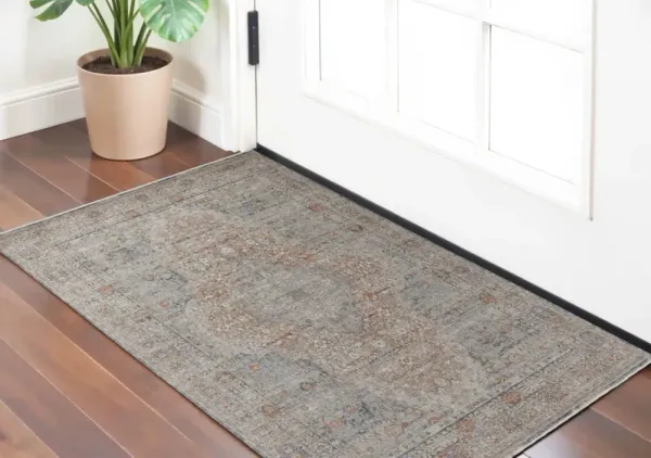 2' x 3' Oriental Power Loom Worn Faded Area Rug With Fringe - Gray Ivory And Orange