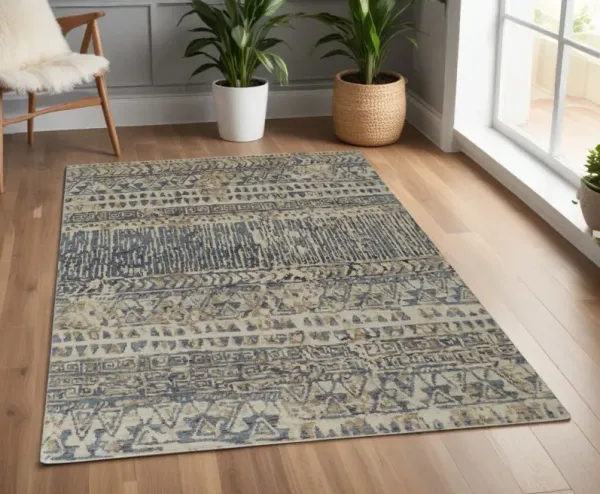 4' x 6' Wool Geometric Hand Knotted Area Rug - Gray And Blue