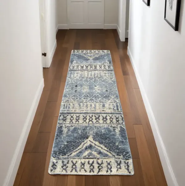 8' Wool Floral Hand Knotted Runner Rug - Gray Blue And Ivory