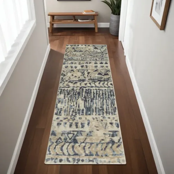 8' Wool Geometric Hand Knotted Runner Rug - Ivory And Blue