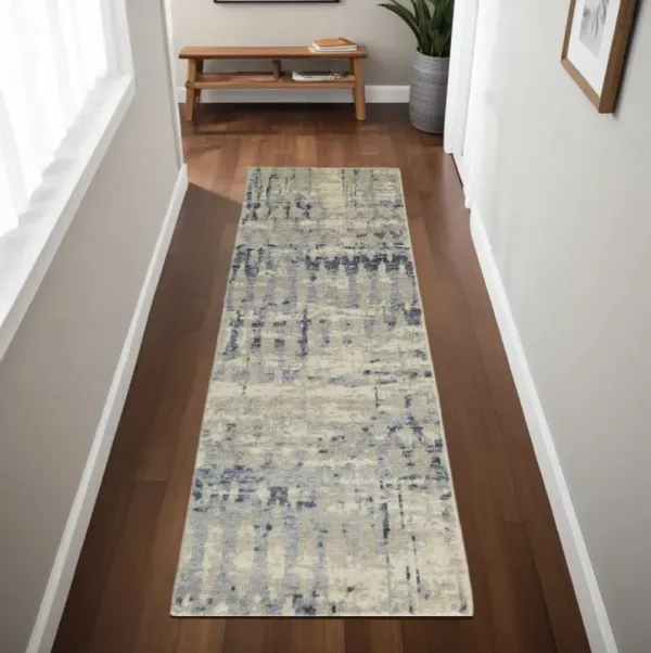 8' Wool Abstract Hand Knotted Runner Rug - Gray Blue And Ivory