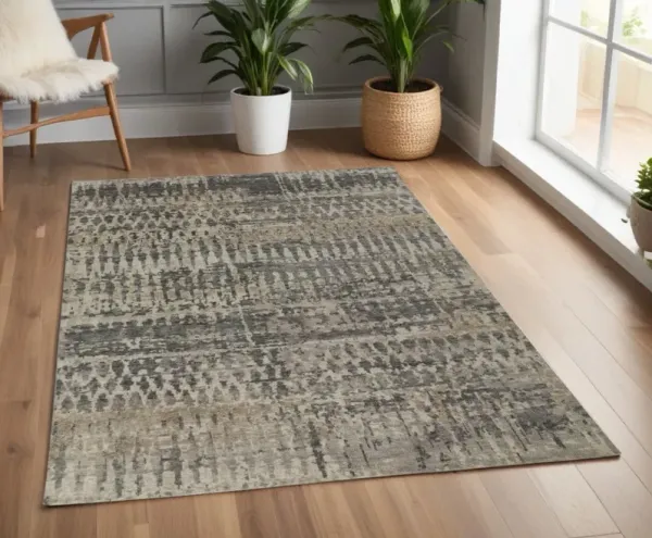 4' x 6' Wool Abstract Hand Knotted Area Rug - Gray Taupe And Ivory