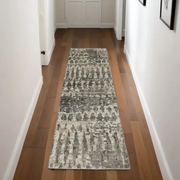 8' Wool Abstract Hand Knotted Runner Rug - Gray Taupe And Ivory