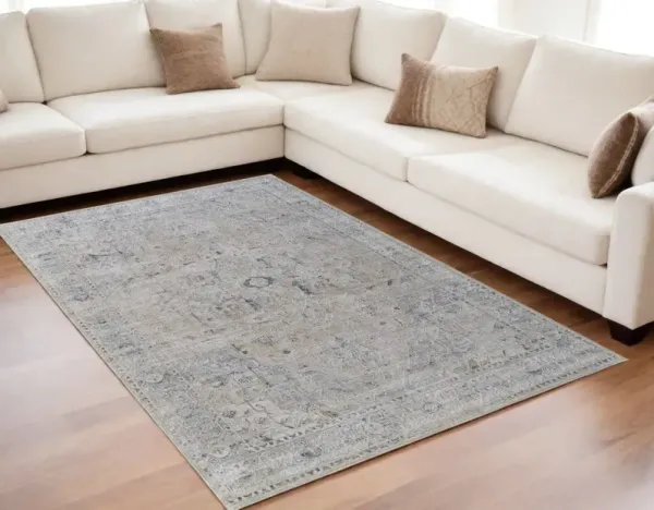 5' x 8' Oriental Power Loom Worn Faded Area Rug With Fringe - Ivory Taupe And Blue