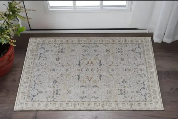 2' x 3' Ikat Power Loom Worn Faded Area Rug With Fringe - Ivory Taupe And Blue