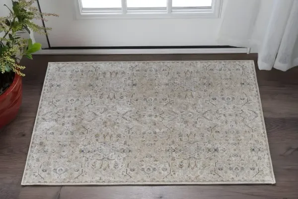 2' x 3' Abstract Power Loom Worn Faded Area Rug With Fringe - Ivory Taupe And Blue