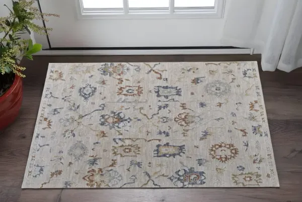 2' x 3' Floral Power Loom Worn Faded Area Rug With Fringe - Ivory Blue And Gold