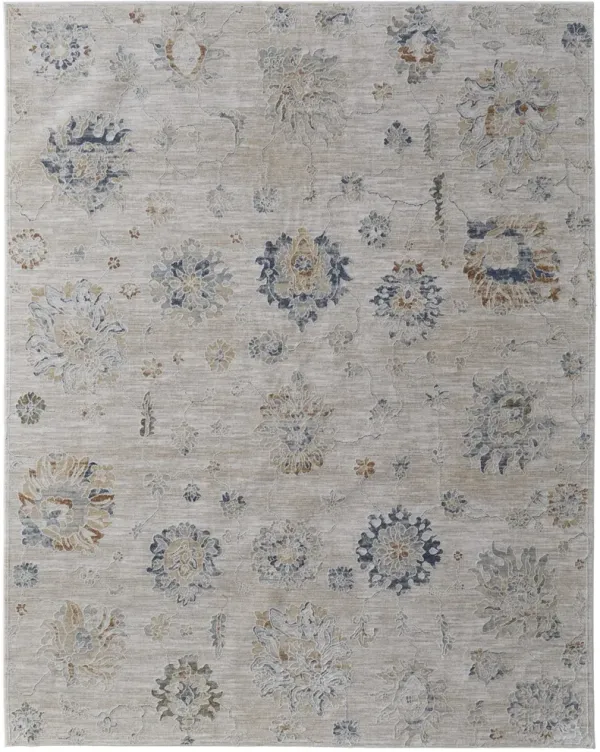 5' x 8' Floral Power Loom Worn Faded Area Rug With Fringe - Ivory Taupe And Blue