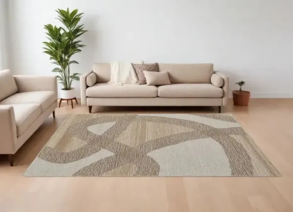 9' x 12' Wool Abstract Hand Tufted Area Rug - Brown Tan And Ivory