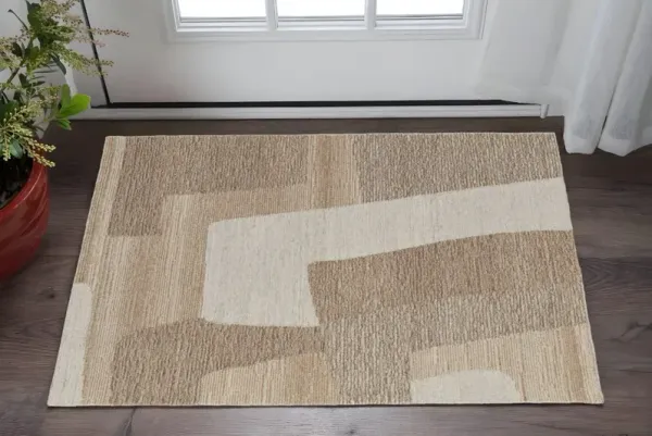 2' x 3' Wool Abstract Hand Tufted Area Rug - Light Brown Tan And Ivory