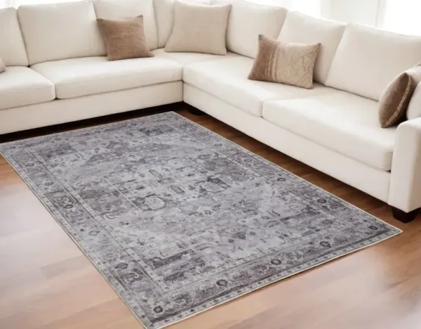 5' x 8' Oriental Power Loom Worn Faded Washable Area Rug - Gray And Ivory