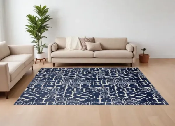 7' x 10' Geometric Power Loom Area Rug - Blue And Ivory