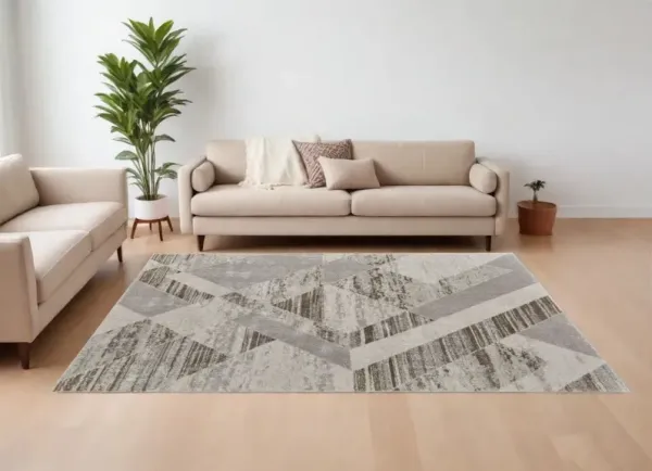 12' x 15' Geometric Power Loom Area Rug - Ivory Gray And Brown