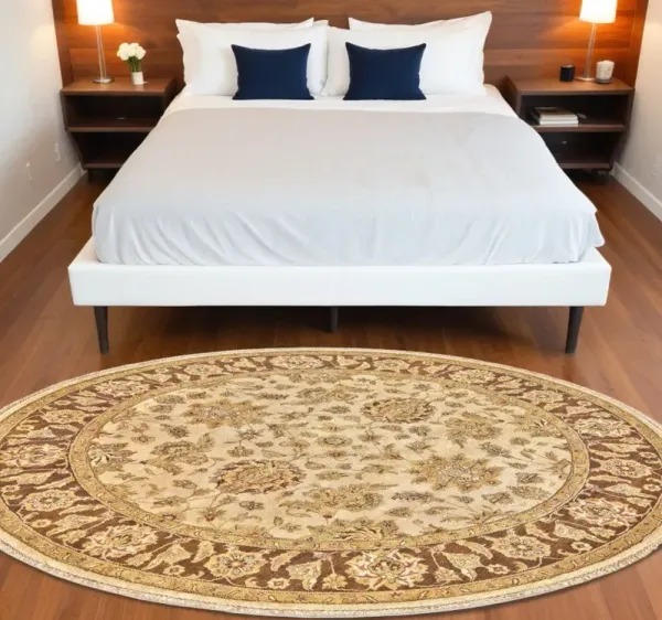 8' Wool Oriental Hand Knotted Round Rug - Ivory Gold And Brown