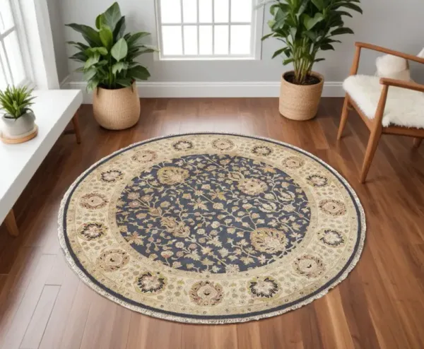 8' Wool Oriental Hand Knotted Round Rug - Black Brown And Gold
