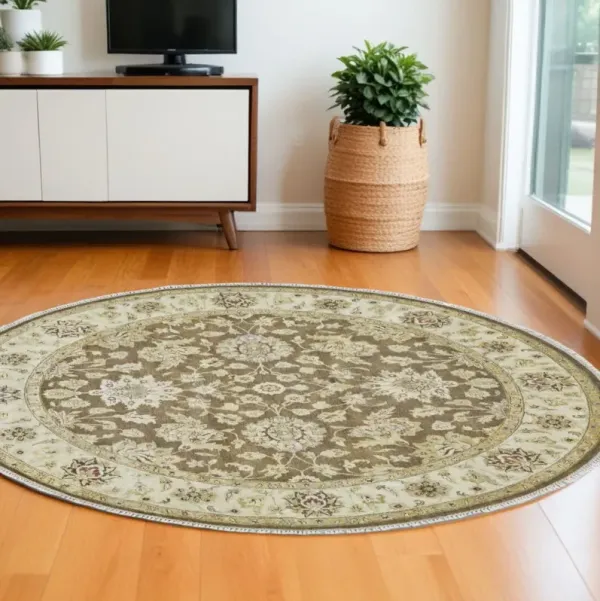 8' Wool Oriental Hand Knotted Round Rug - Brown Gold And Tan